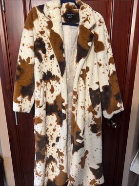 Hers & Mine Faux Fur Cow Print Long Coat - White & Brown
